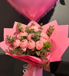 Pembe şakayık buket, kalp balon hediye, yapay çiçek 🌸