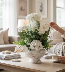 Yapay ortanca orkide  Dekoratif çiçek aranjmanı  Beyaz yapay