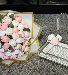 Kız isteme çiçeği, isteme çikolatası seti, yapay şakayık niş